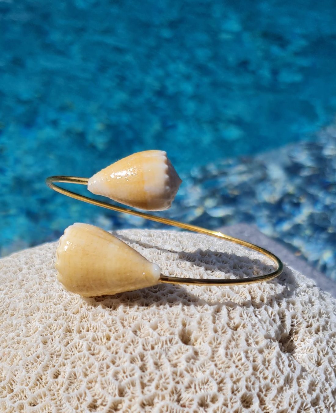 Jonc en acier inoxydable avec coquillages Conus jaunes clairs