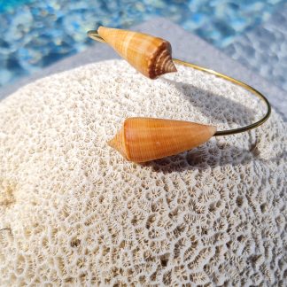 Jonc en acier inoxydable avec coquillages Conus orangés