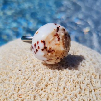 Bague « Perla Tachetée » – coquillage dôme blanc & taches brunes (anneau réglable)